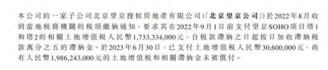 尚有人民币19.86亿元的土地增值税和相关滞纳金未被偿付 尚有人民币19.86亿元的土地增值税和相关滞纳金未被偿付